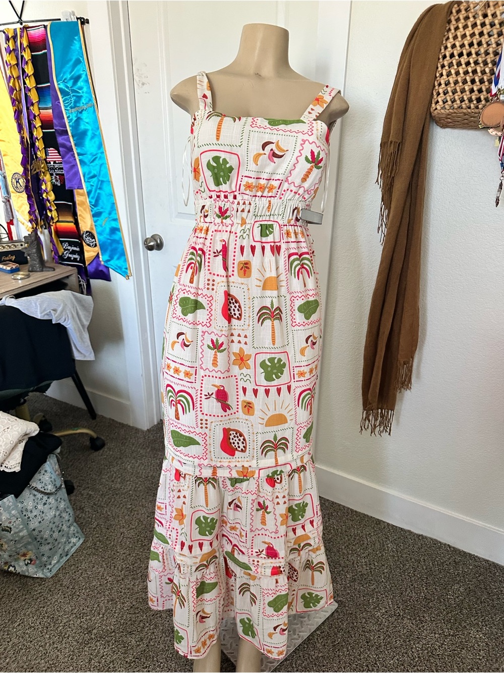 Lucky Brand White Maxi Dress with Green, Pink and Orange Motifs